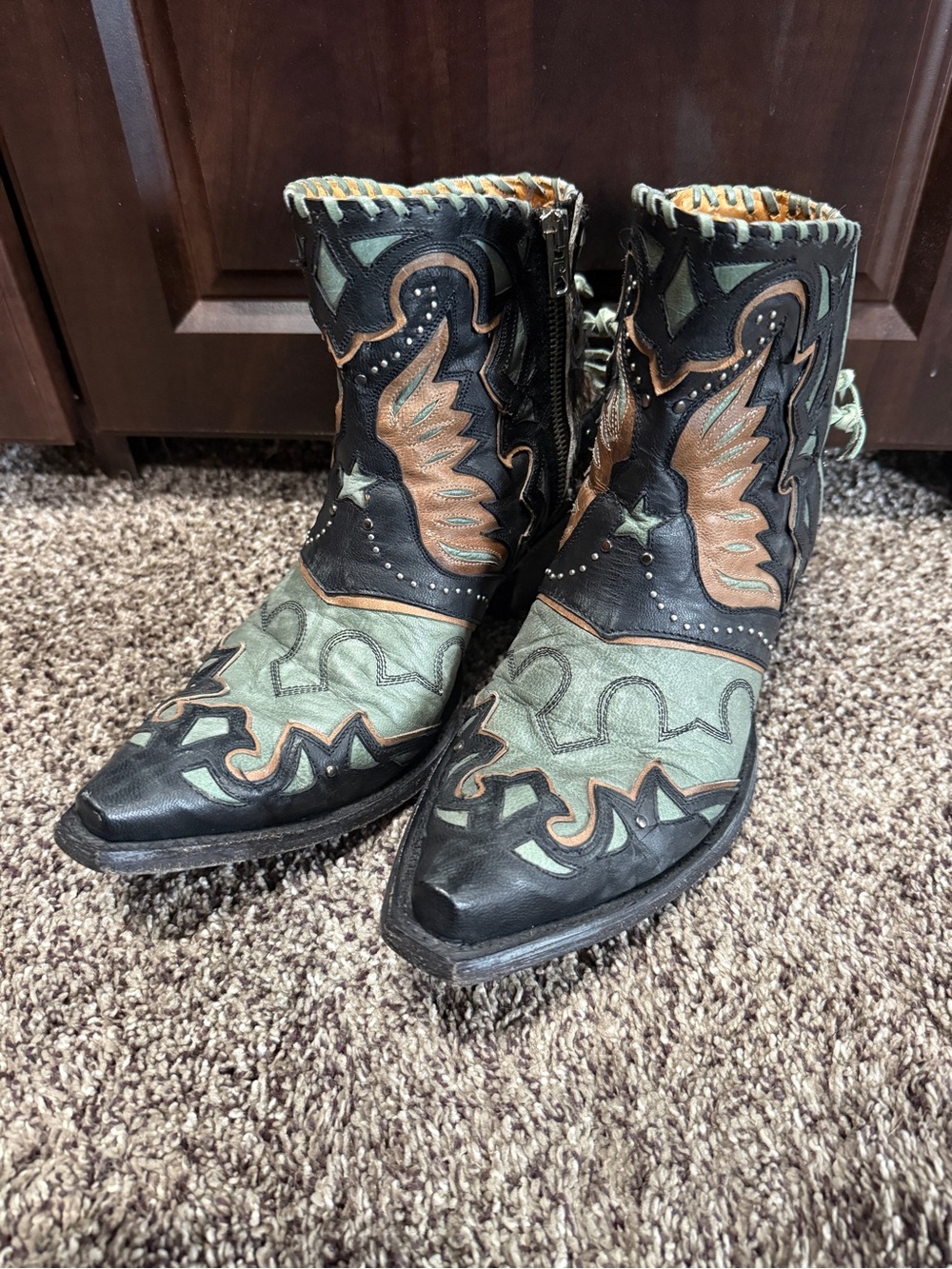 Old Gringo Eagle Flight Black & Aqua Western Cowboy Boots Booties Hair-On Hide - Picture 4 of 8